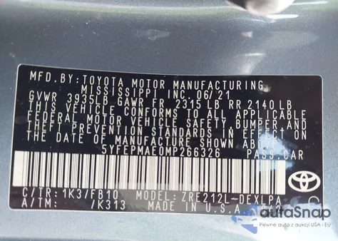 2021 Toyota Corolla Le из США, поврежденный, VIN 5YFEPMAE0MP266326